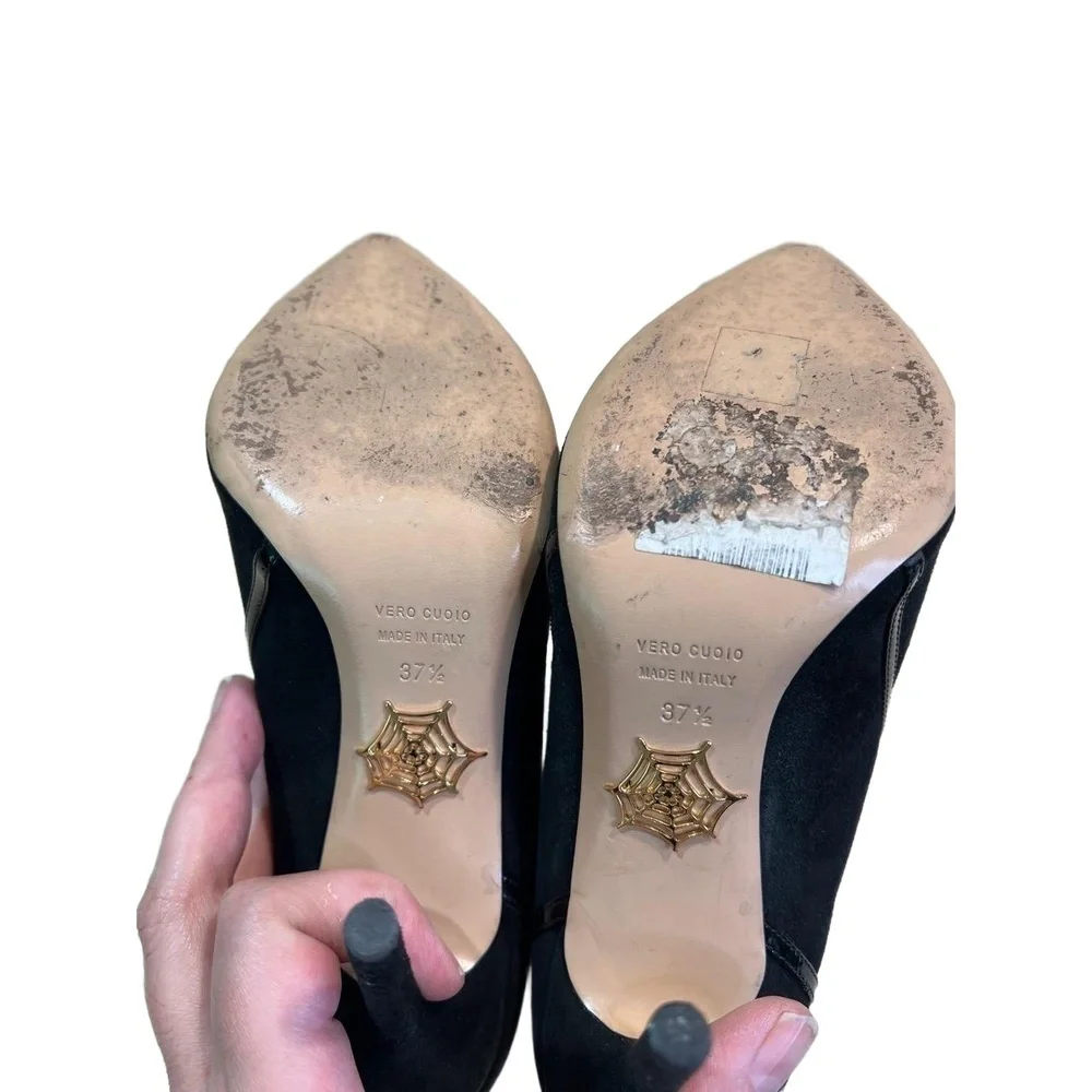 Charlotte Olympia Black Pointed Toe Stiletto Heel Suede Zipper Ankle Boots 37.5